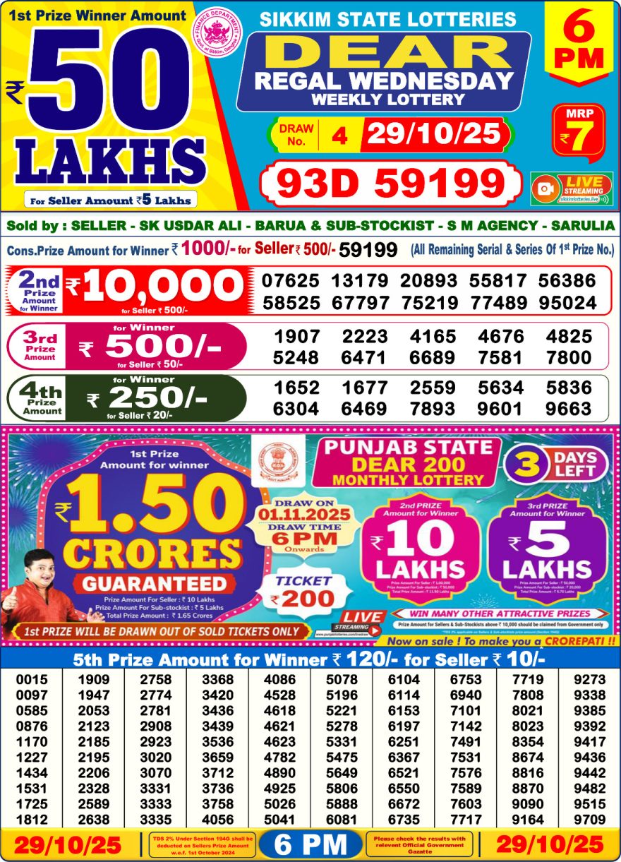 LIVE: Sikkim State Lottery Dear Daily 6 PM Result Today 29.10.2025