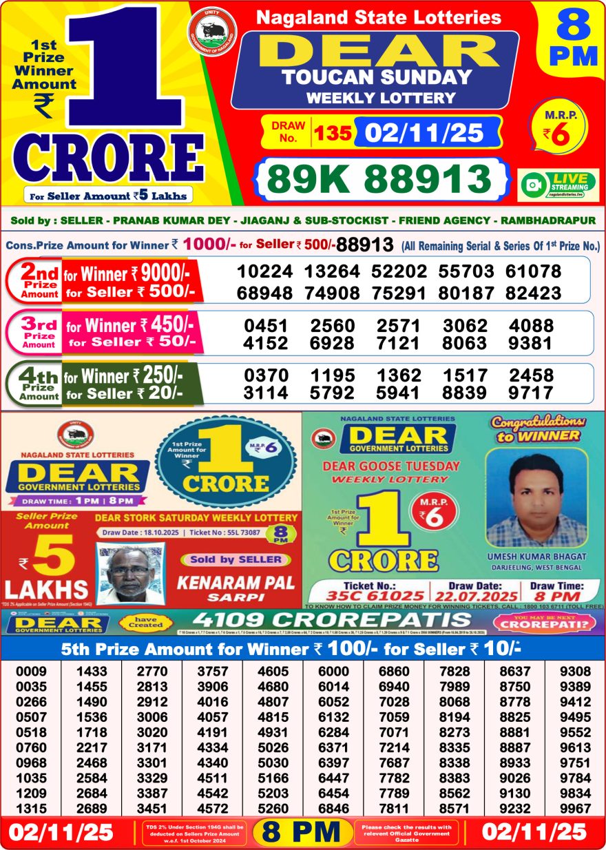 LIVE: Nagaland State Lottery Dear Daily 8 PM Result Today 02.11.2025 – Check Winning Numbers