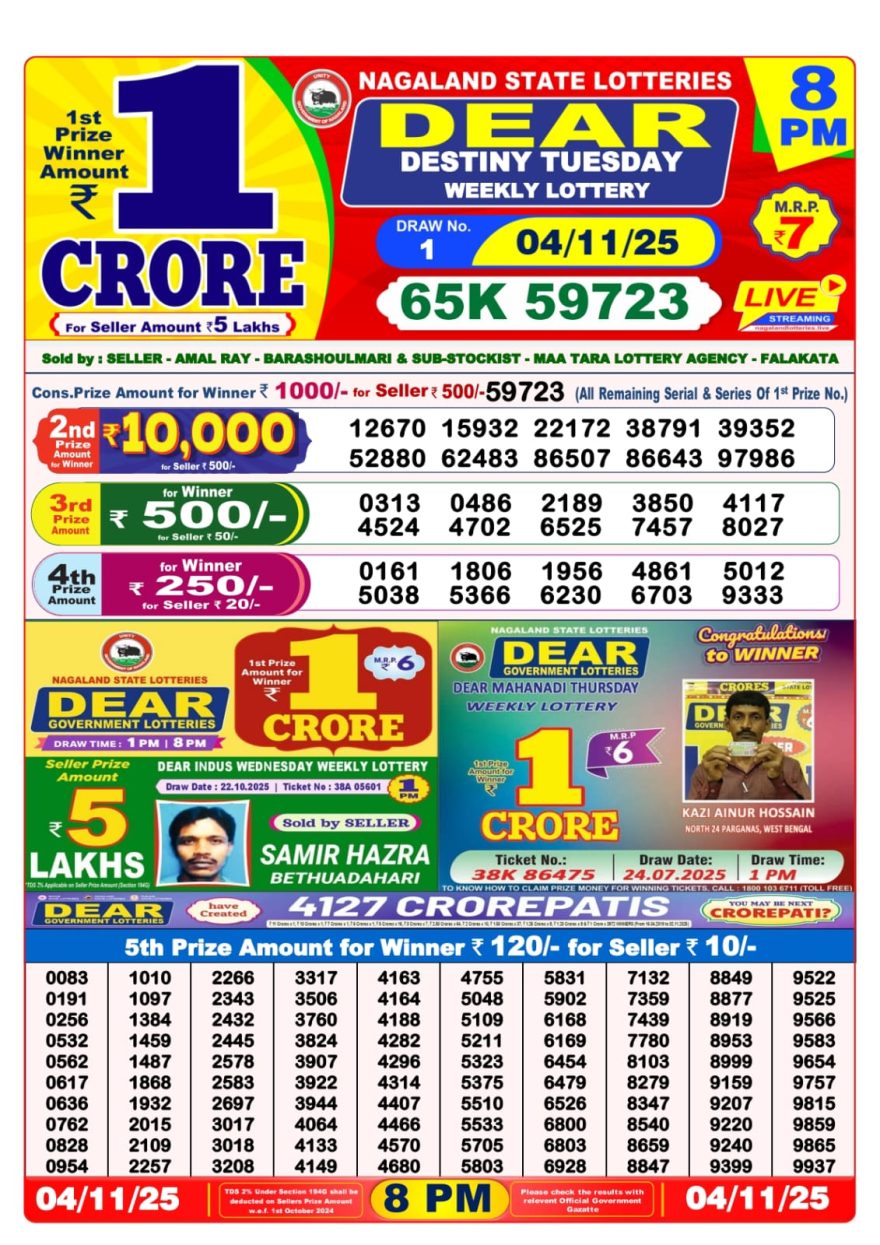 LIVE: Nagaland State Lottery Dear Daily 8 PM Result Today 04.11.2025 – Check Winning Numbers