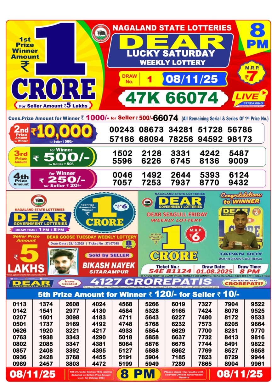 LIVE: Nagaland State Lottery Dear Daily 8 PM Result Today 08.11.2025 – Check Winning Numbers