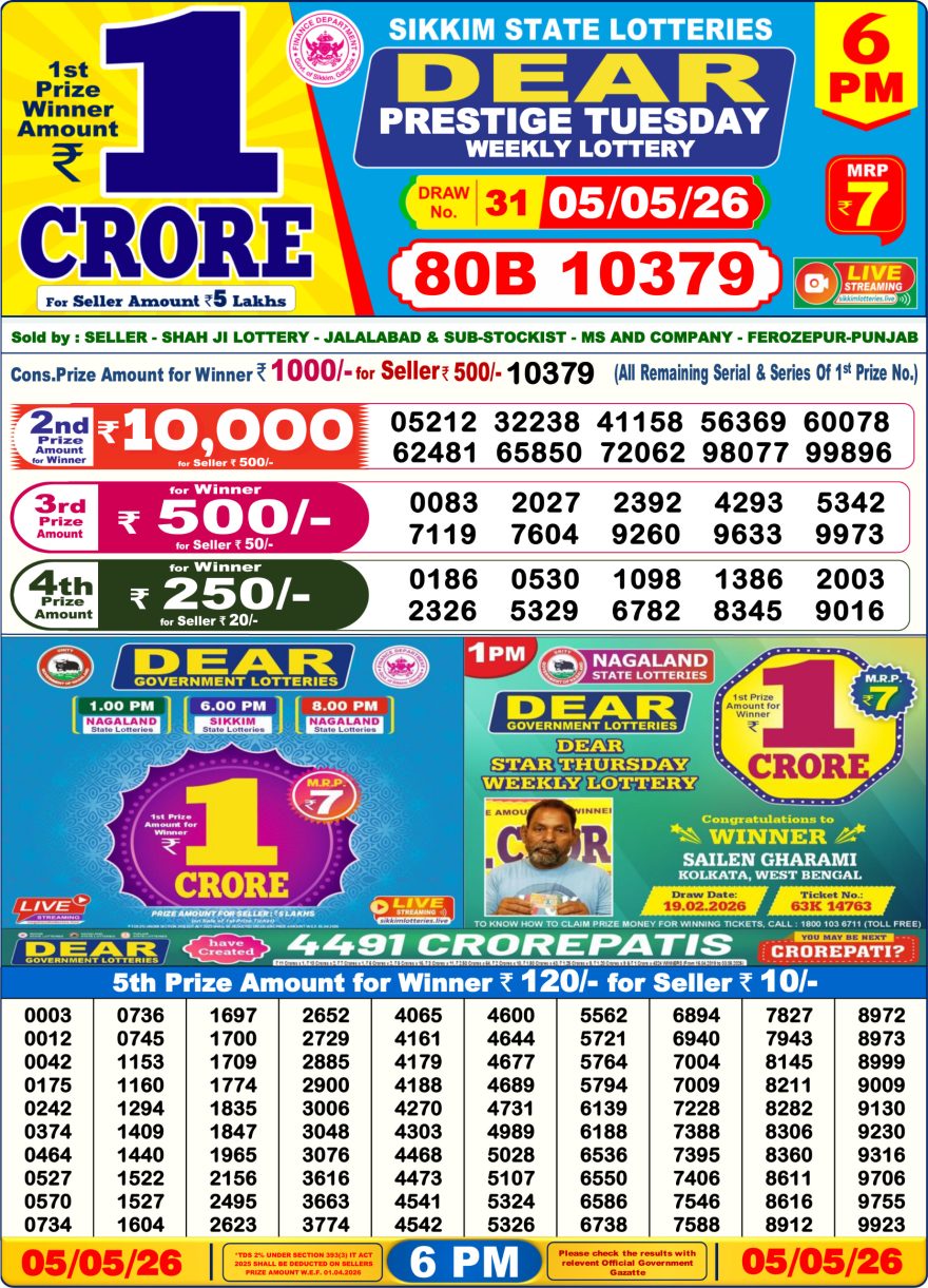 LIVE: Sikkim State Lottery Dear Daily 6 PM Result Today 05.05.2026