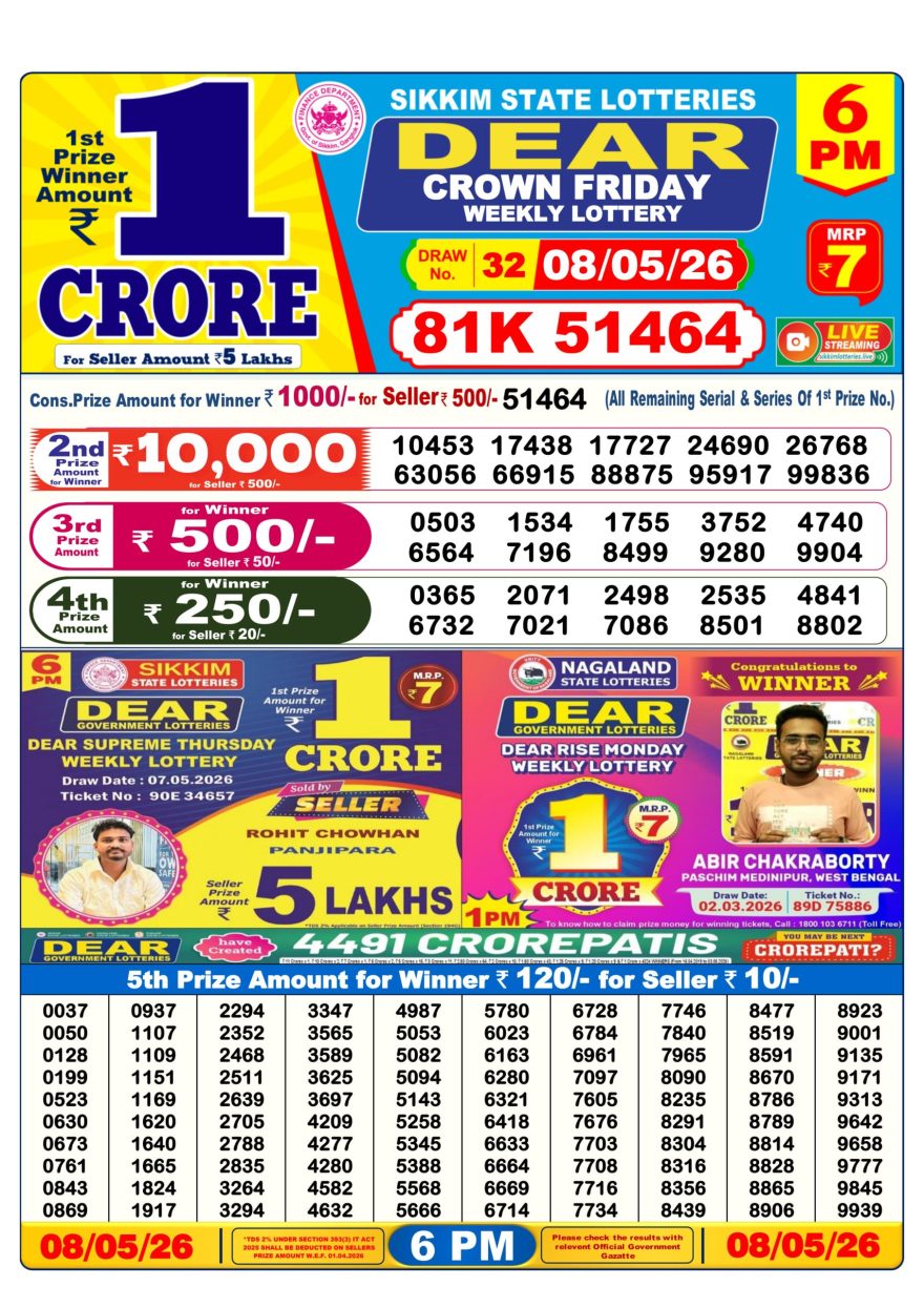 Sikkim State Lottery Result Dear 6PM Evening 08.05.2026