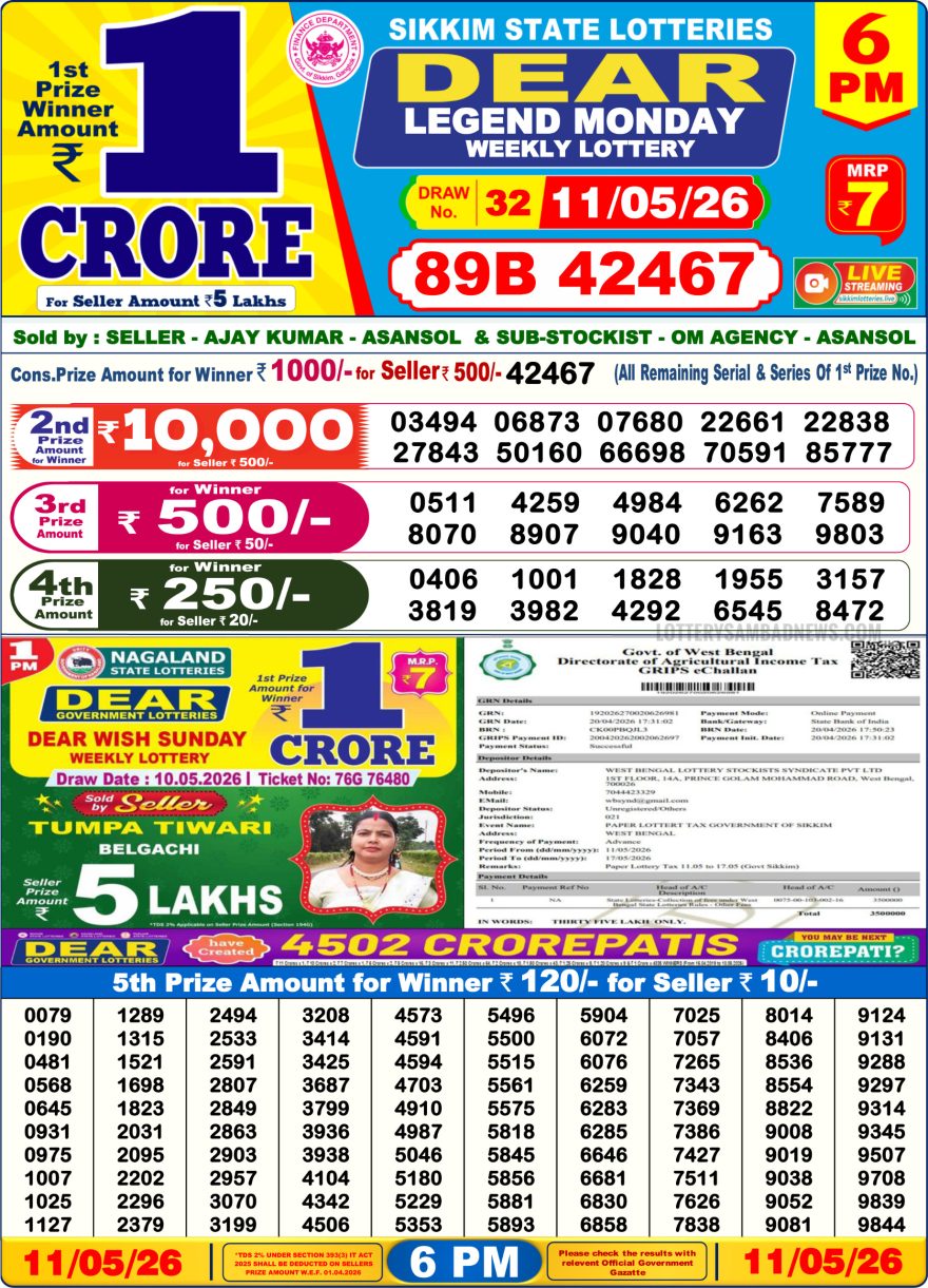 Sikkim State Lottery Result Dear 6PM Evening 11.05.2026