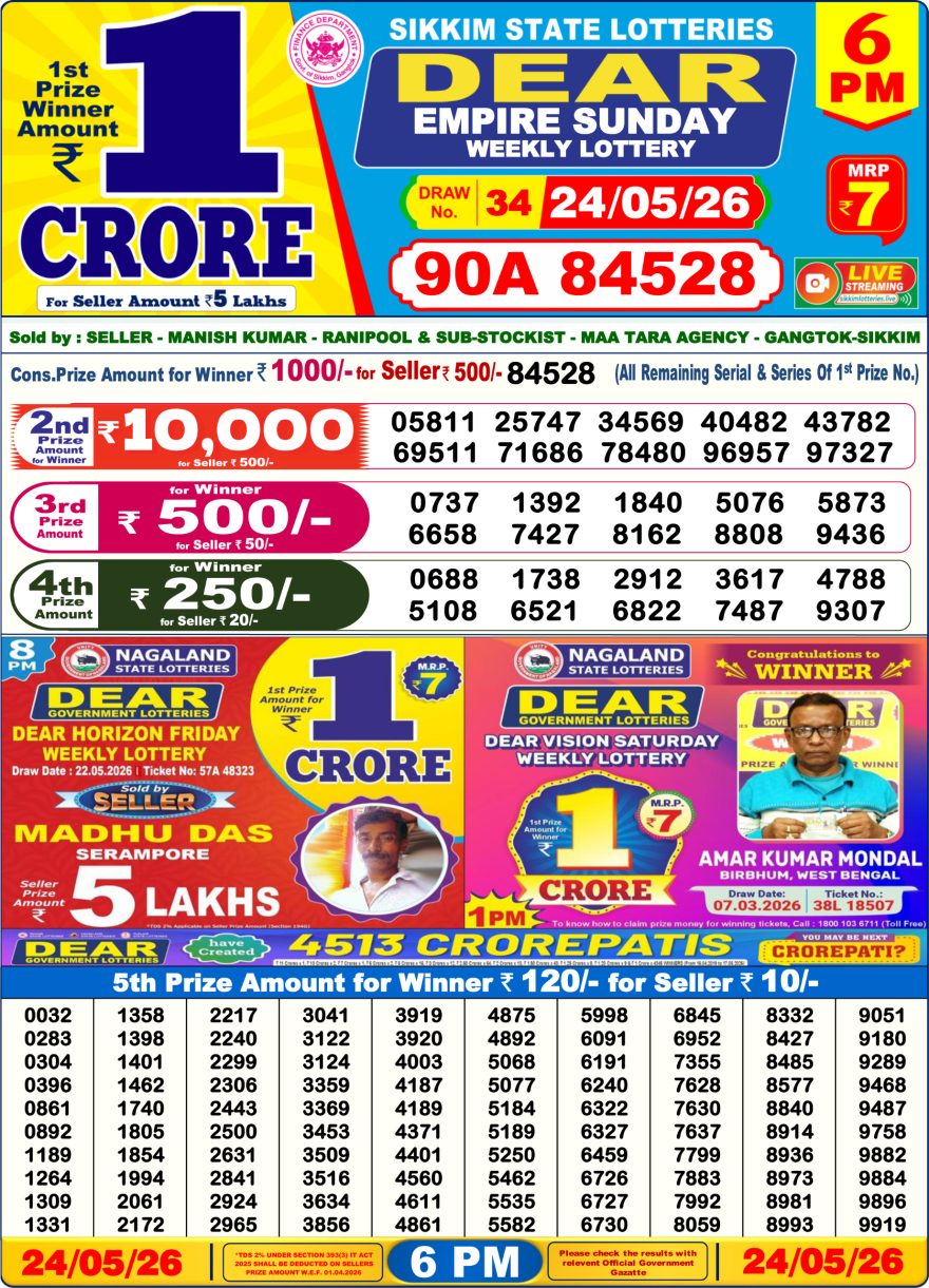Sikkim State Lottery Result Dear 6PM Evening 24.05.2026