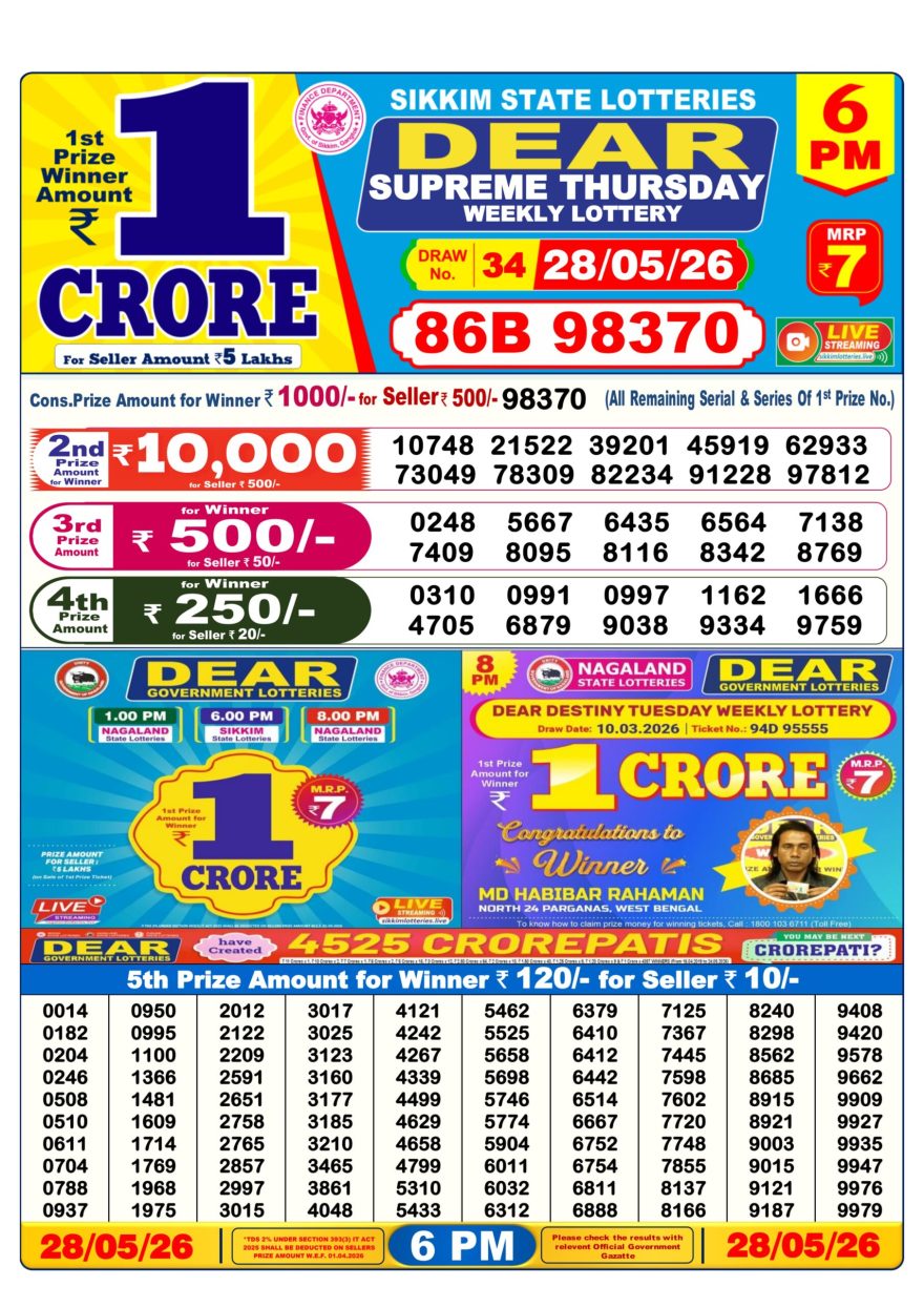 Sikkim State Lottery Result Dear 6PM Evening 28.05.2026
