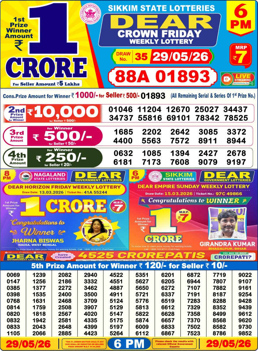Sikkim State Lottery Result Dear 6PM Evening 29.05.2026