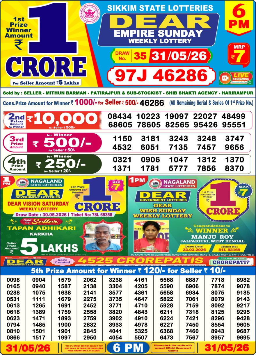 Sikkim State Lottery Result Dear 6PM Evening 31.05.2026