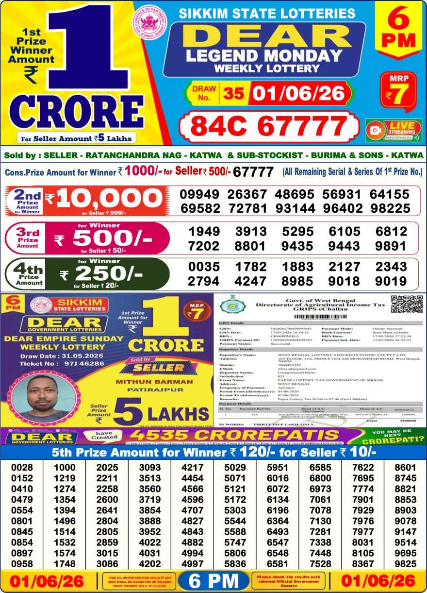 Sikkim State Lottery Result Dear 6PM Evening 01.06.2026