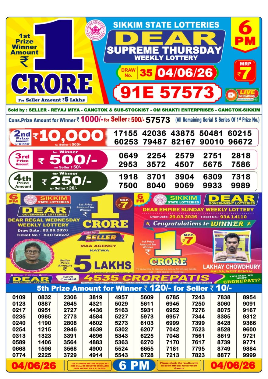 Sikkim State Lottery Result Dear 6PM Evening 04.06.2026