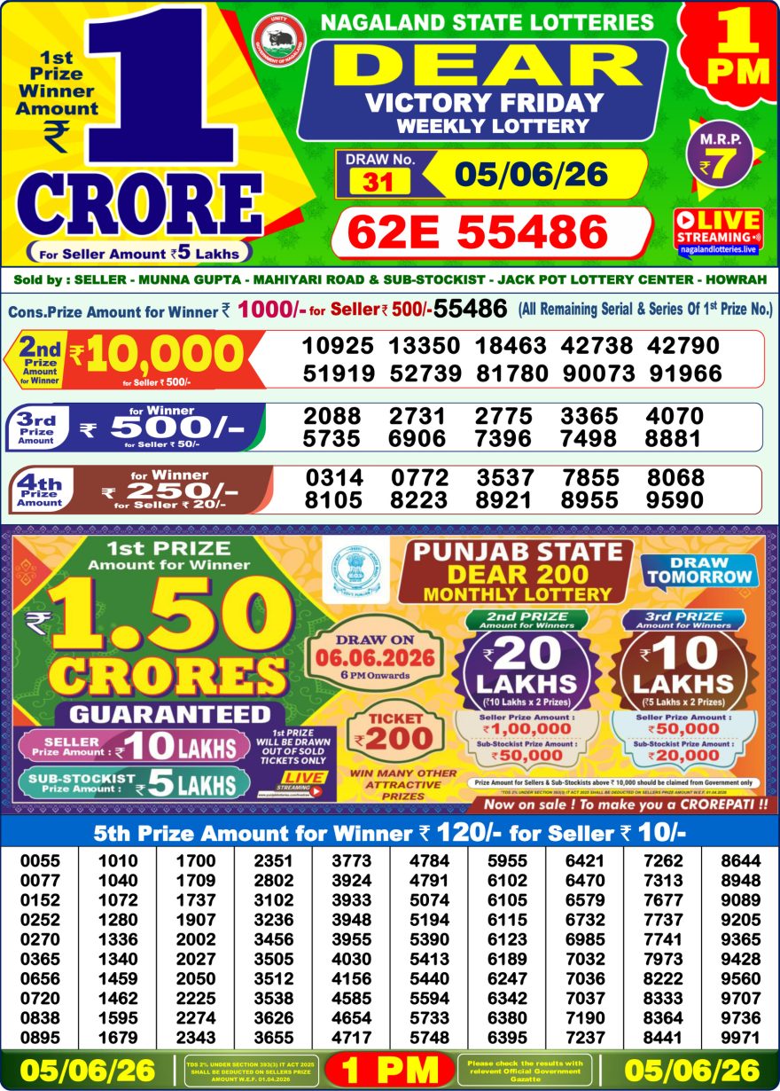 Lottery Sambad 05.06.2026 1PM LIVE: Nagaland Dear Lottery Morning Result