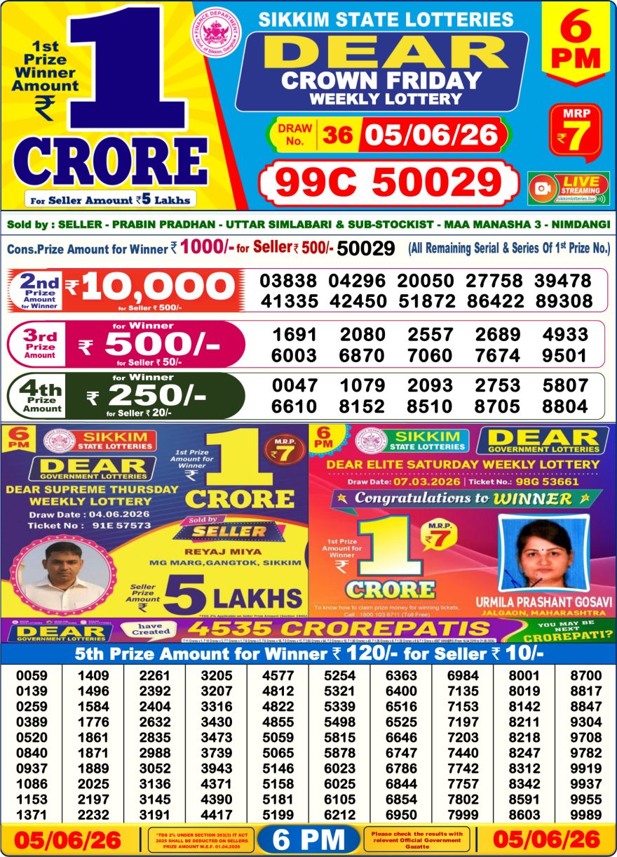 Sikkim State Lottery Result Dear 6PM Evening 05.06.2026