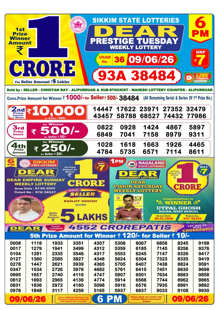 Sikkim State Lottery Result Dear 6PM Evening 09.06.2026