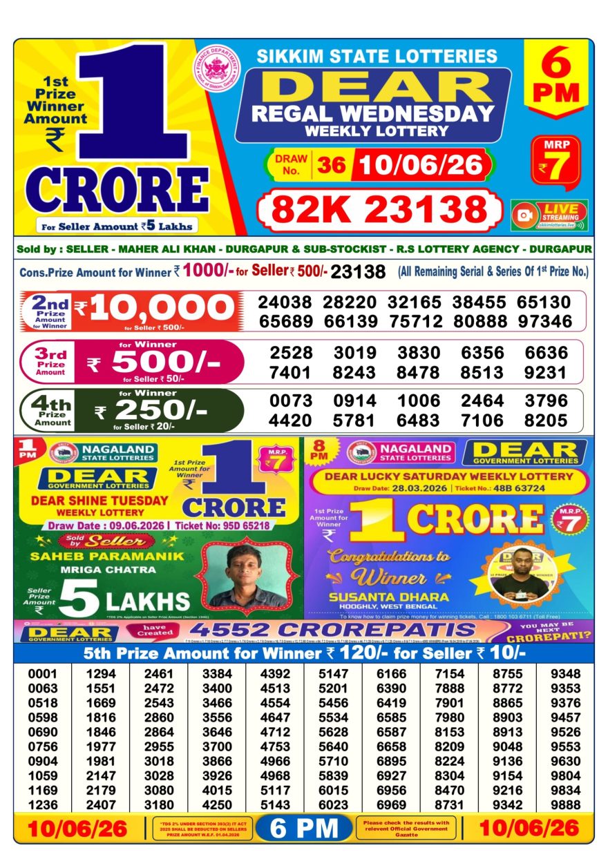 Sikkim State Lottery Result Dear 6PM Evening 10.06.2026