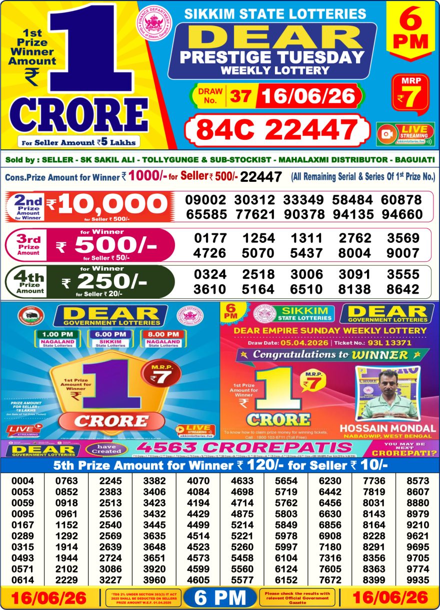 Sikkim State Lottery Result Dear 6PM Evening 16.06.2026