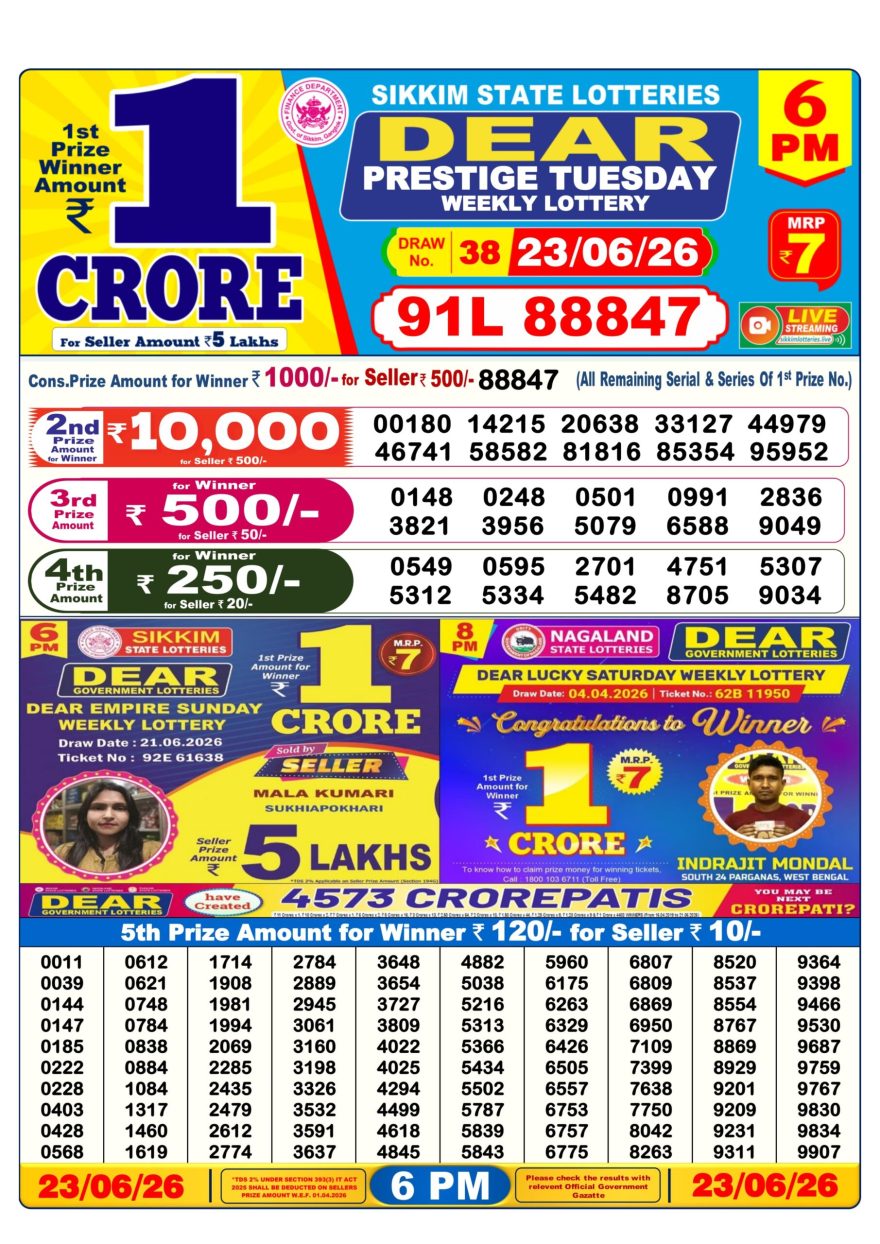 Sikkim State Lottery Result Dear 6PM Evening 23.06.2026