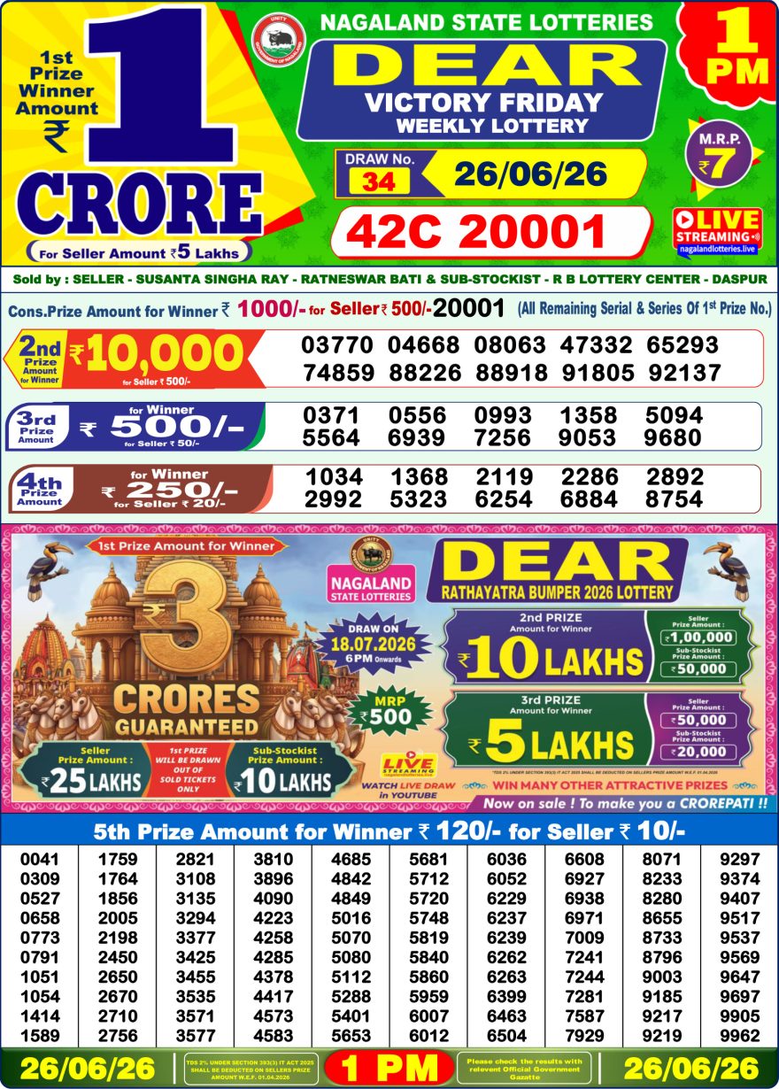 Lottery Sambad 26.06.2026 1PM LIVE: Nagaland Dear Lottery Morning Result