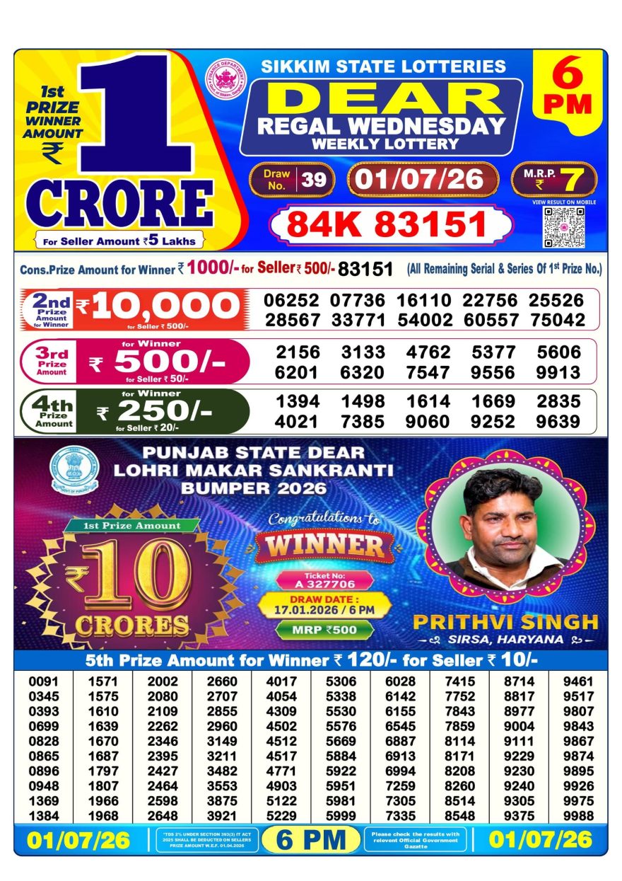 Sikkim State Lottery Result Dear 6PM Evening 01.07.2026