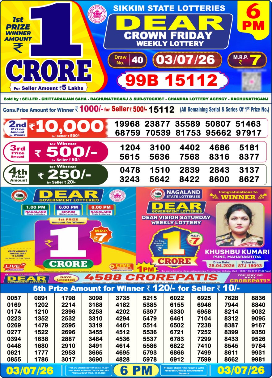 Sikkim State Lottery Result Dear 6PM Evening 03.07.2026