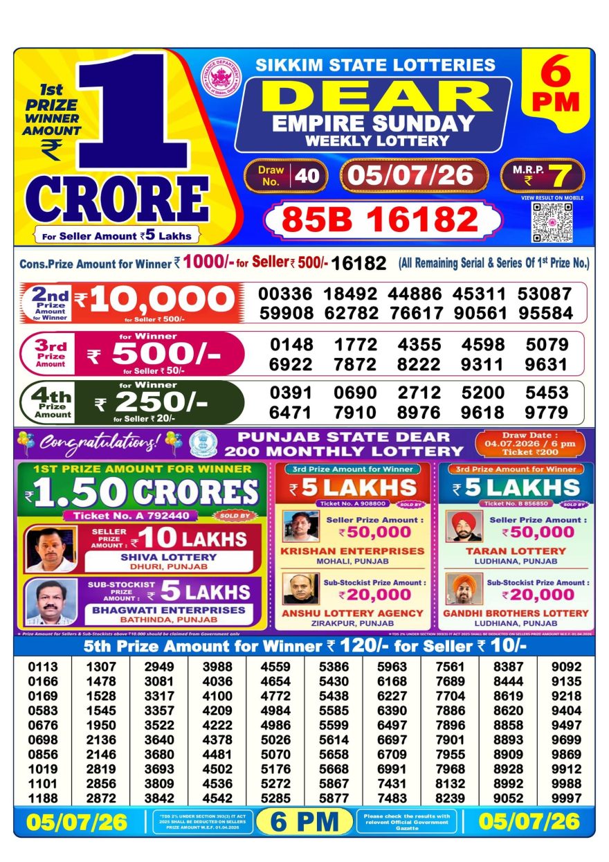 Sikkim State Lottery Result Dear 6PM Evening 05.07.2026