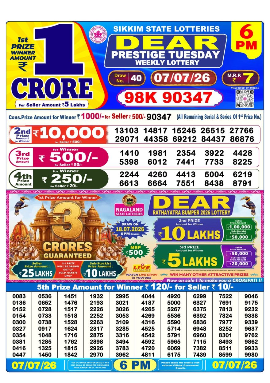 Sikkim State Lottery Result Dear 6PM Evening 07.07.2026