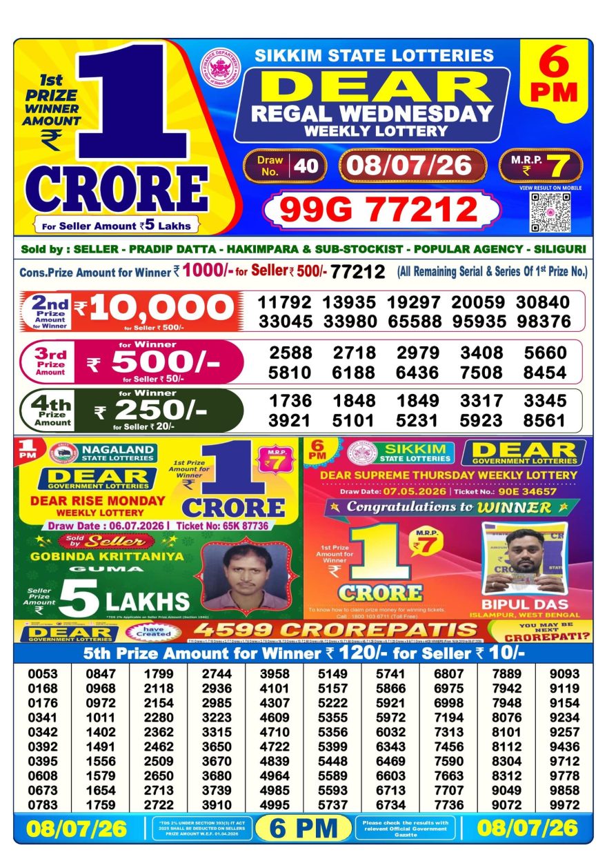 Sikkim State Lottery Result Dear 6PM Evening 08.07.2026