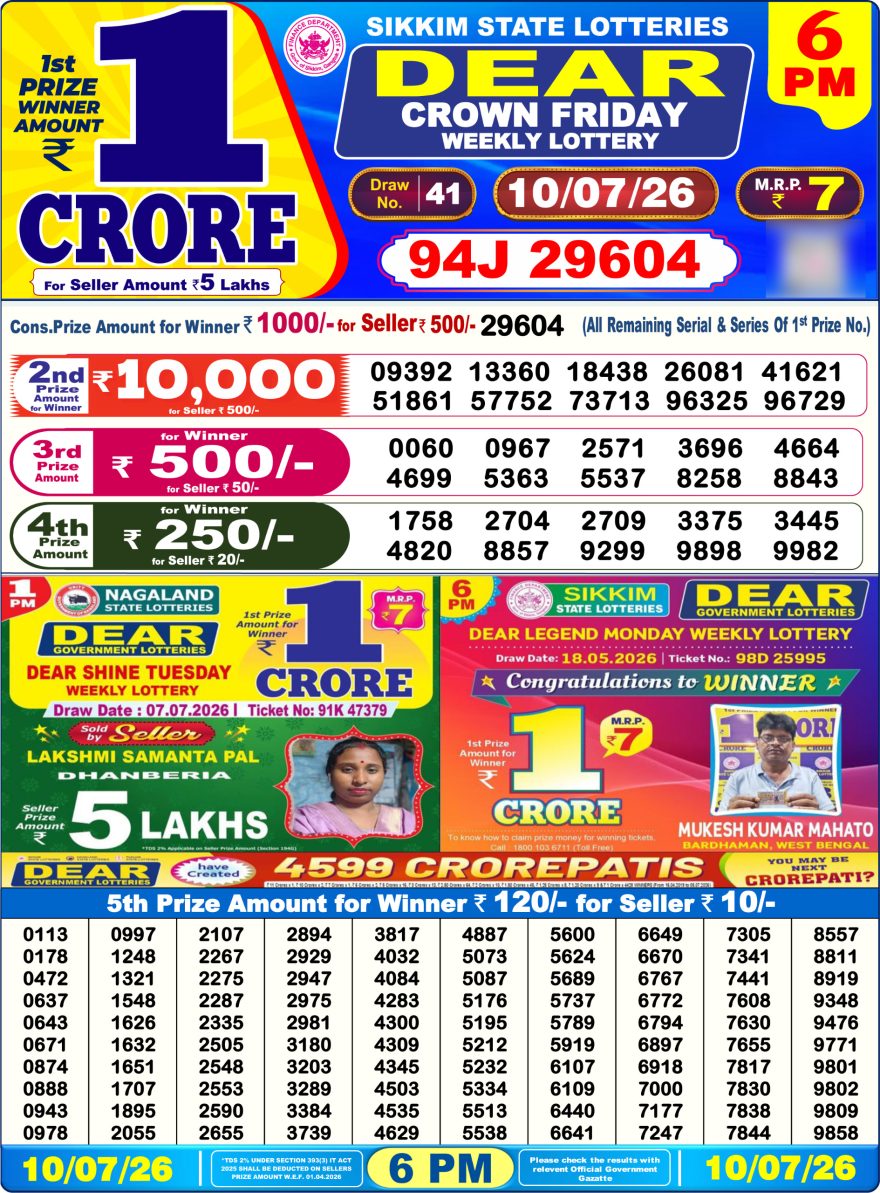 Sikkim State Lottery Result Dear 6PM Evening 10.07.2026