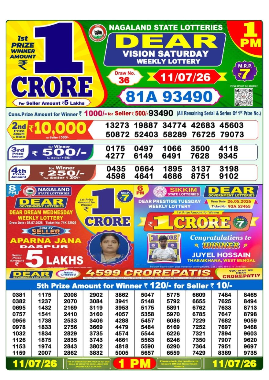 Lottery Sambad 11.07.2026 1PM LIVE: Nagaland Dear Lottery Morning Result
