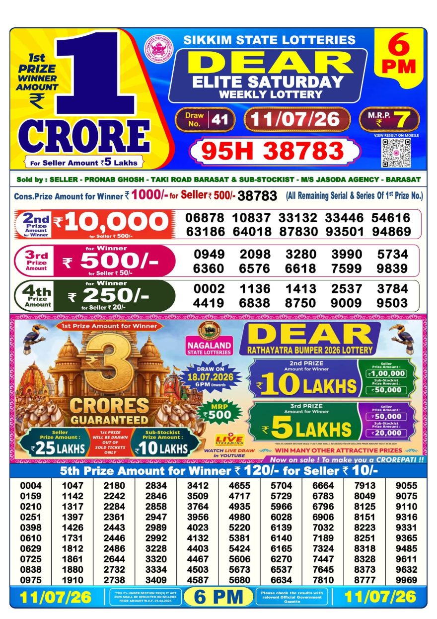 Sikkim State Lottery Result Dear 6PM Evening 11.07.2026
