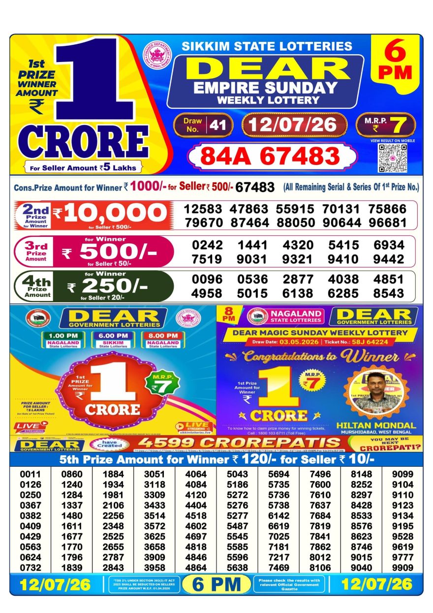 Sikkim State Lottery Result Dear 6PM Evening 12.07.2026