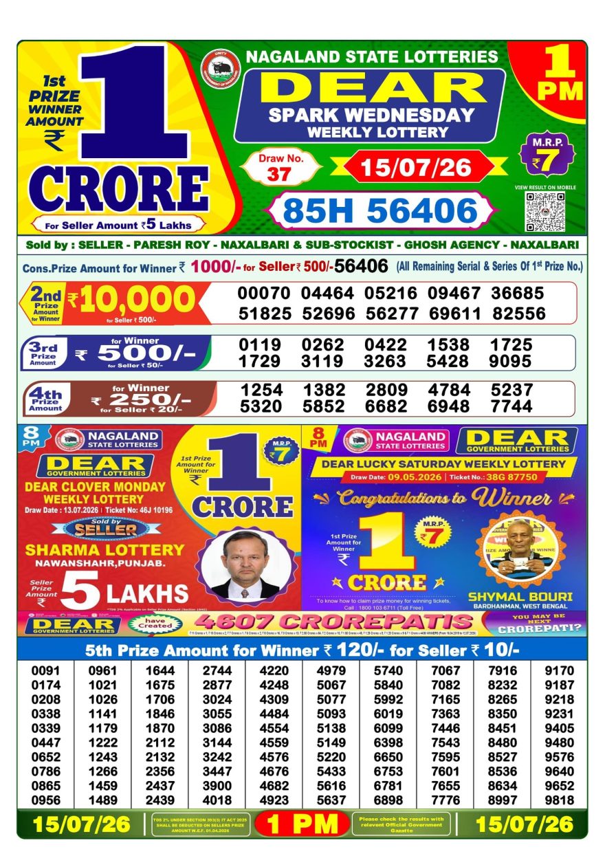 Lottery Sambad 15.07.2026 1PM LIVE: Nagaland Dear Lottery Morning Result