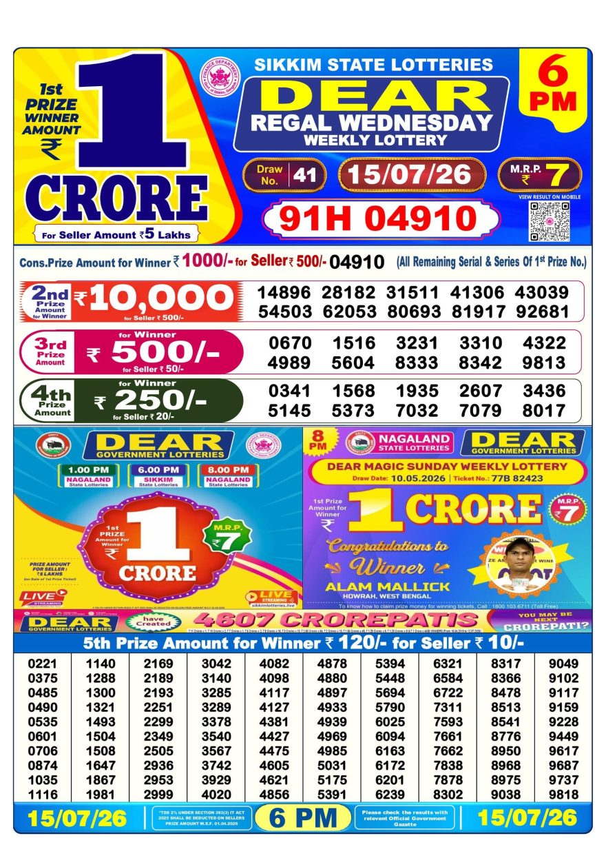 Sikkim State Lottery Result Dear 6PM Evening 15.07.2026