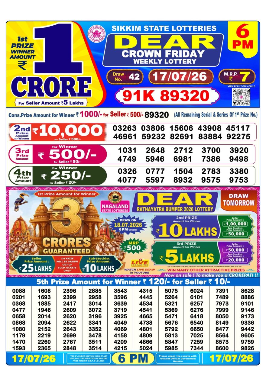Sikkim State Lottery Result Dear 6PM Evening 17.07.2026
