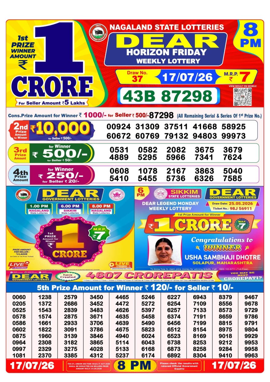Nagaland State Lottery Sambad Dear Daily 8PM Result 17.07.2026 – Check Winning Numbers