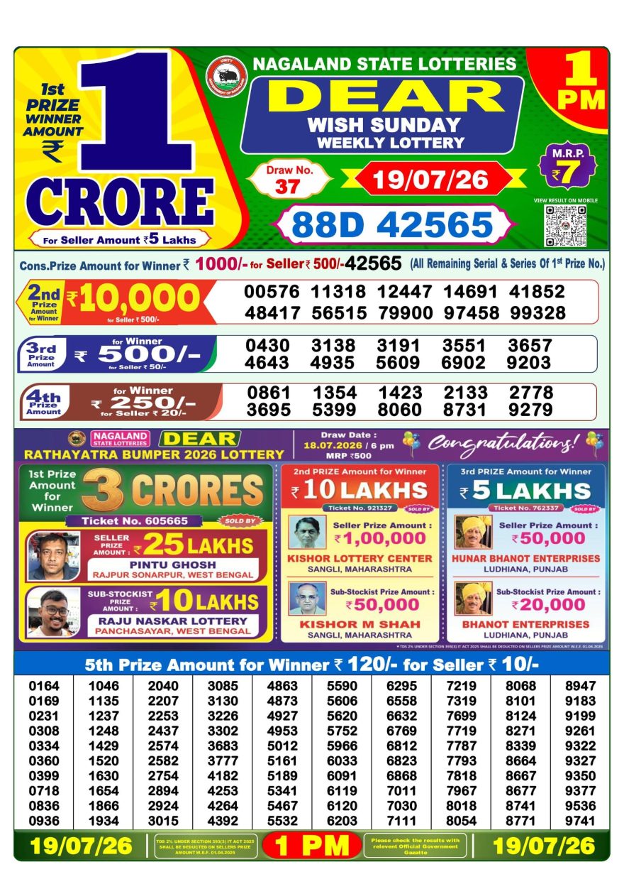 Lottery Sambad 19.07.2026 1PM LIVE: Nagaland Dear Lottery Morning Result