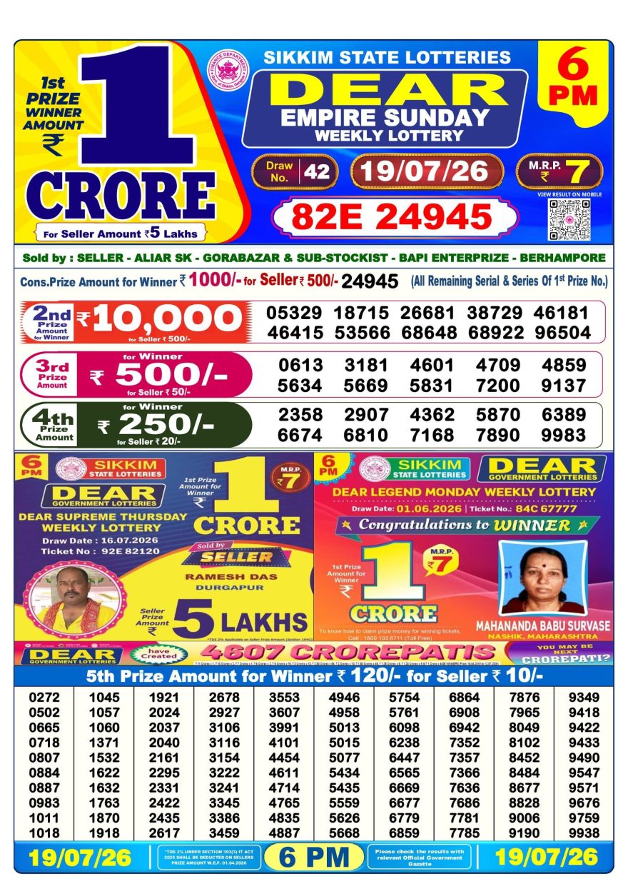 Sikkim State Lottery Result Dear 6PM Evening 19.07.2026