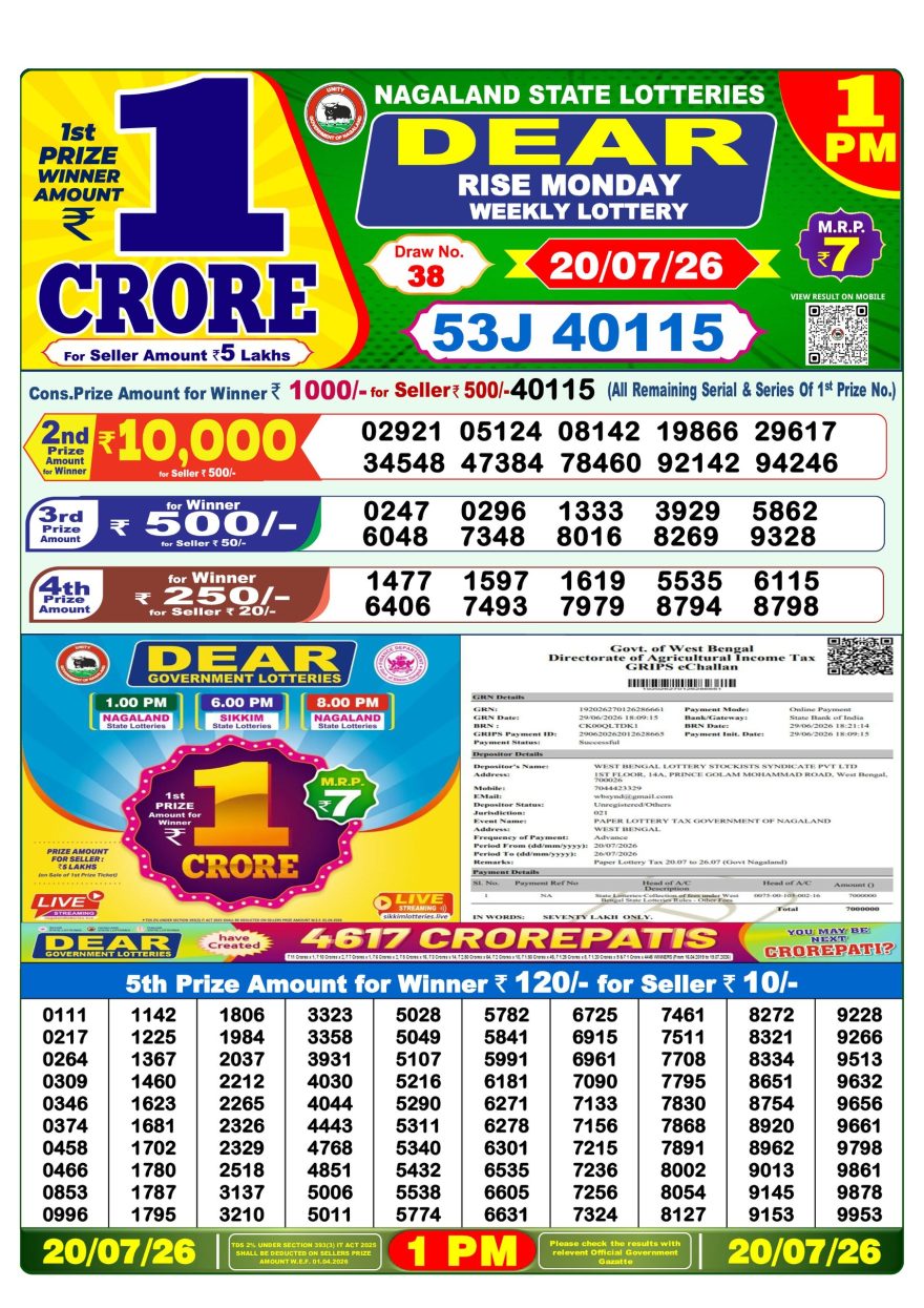 Lottery Sambad 20.07.2026 1PM LIVE: Nagaland Dear Lottery Morning Result