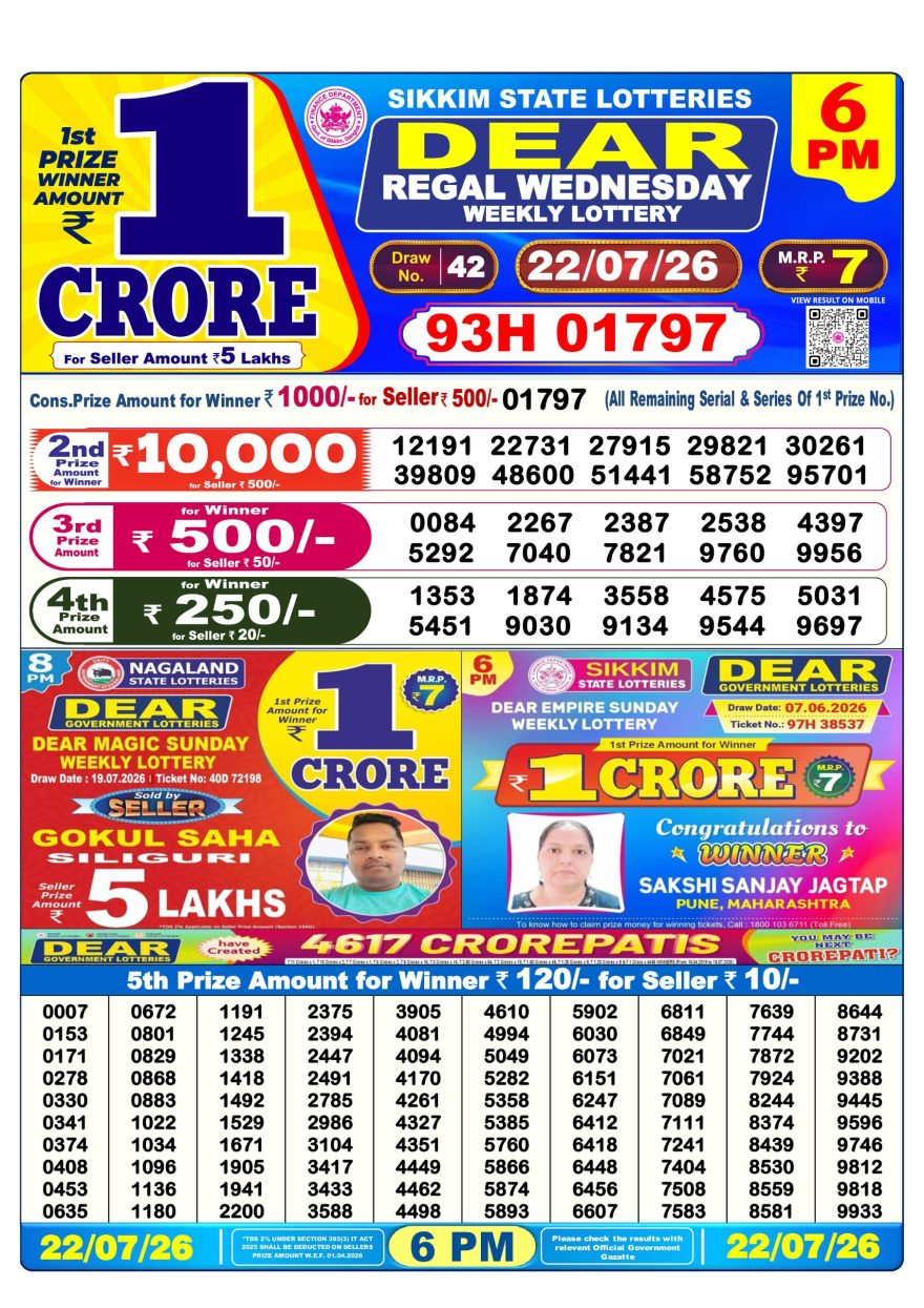 Sikkim State Lottery Result Dear 6PM Evening 22.07.2026
