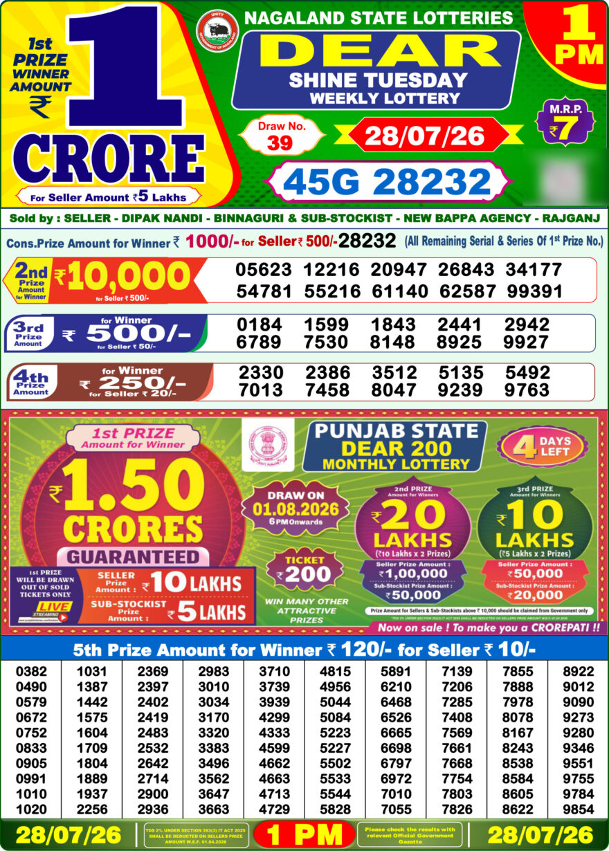 Lottery Sambad 28.07.2026 1PM LIVE: Nagaland Dear Lottery Morning Result