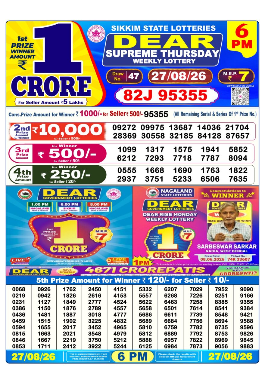 Sikkim State Lottery Result Dear 6PM Evening 27.08.2026