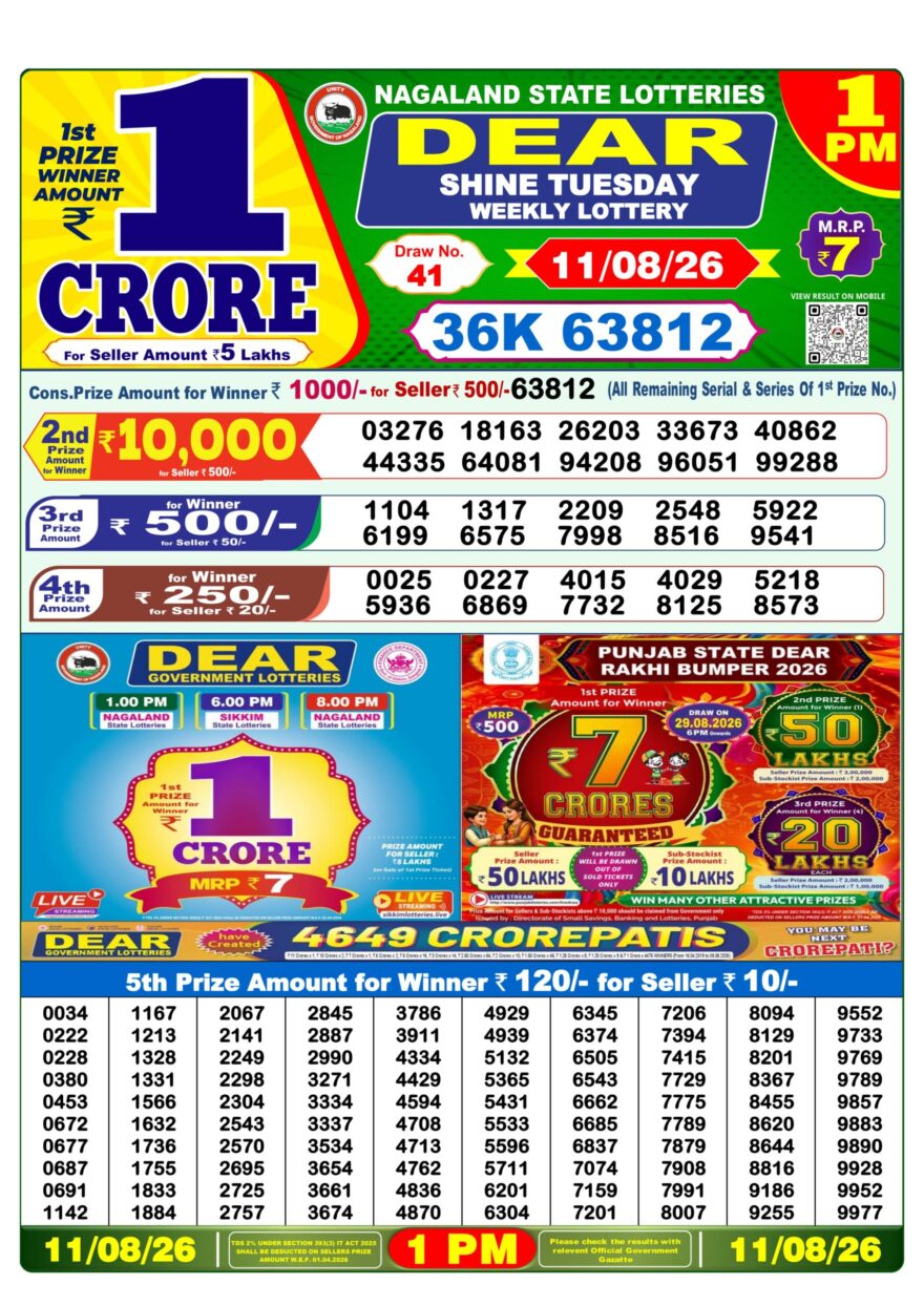 Lottery Sambad 11.08.2026 1PM LIVE: Nagaland Dear Lottery Morning Result