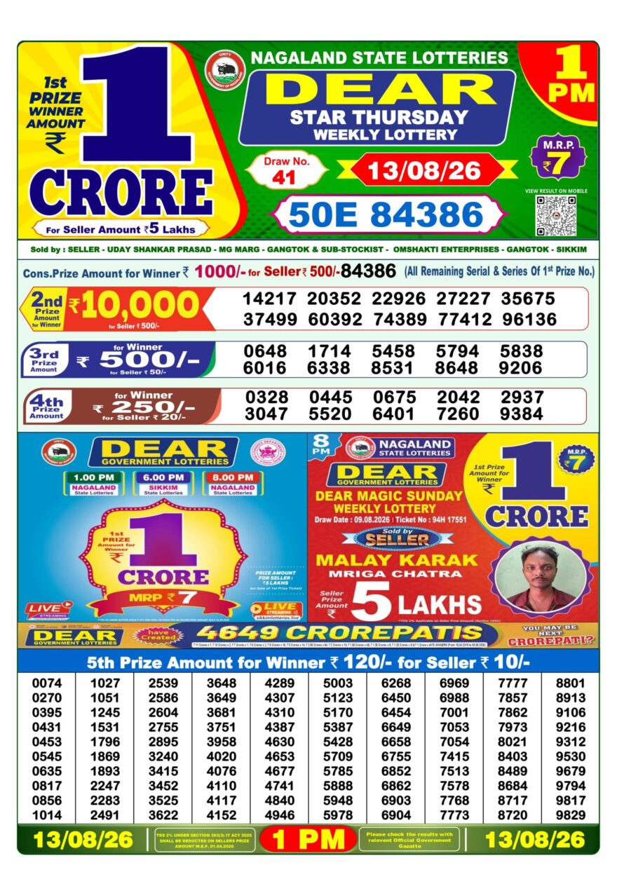 Lottery Sambad 13.08.2026 1PM LIVE: Nagaland Dear Lottery Morning Result