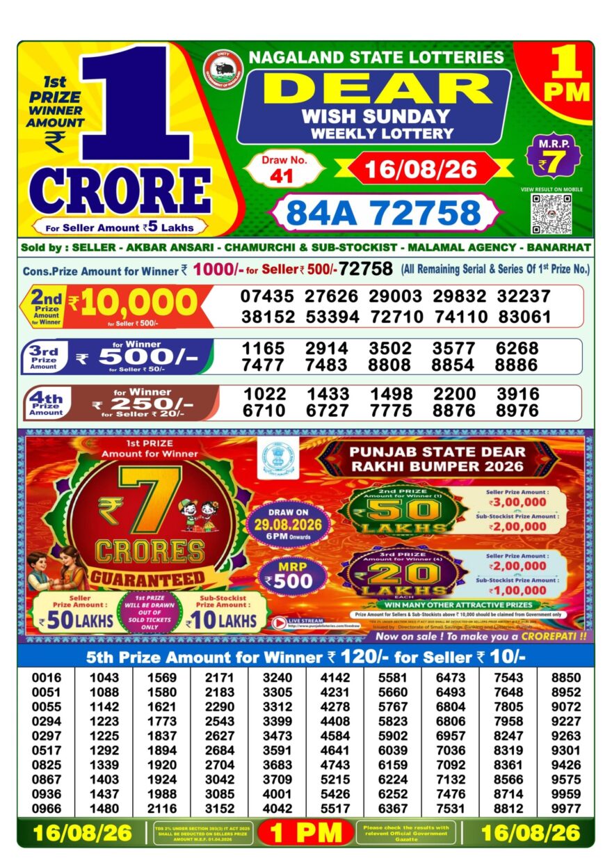 Lottery Sambad 16.08.2026 1PM LIVE: Nagaland Dear Lottery Morning Result