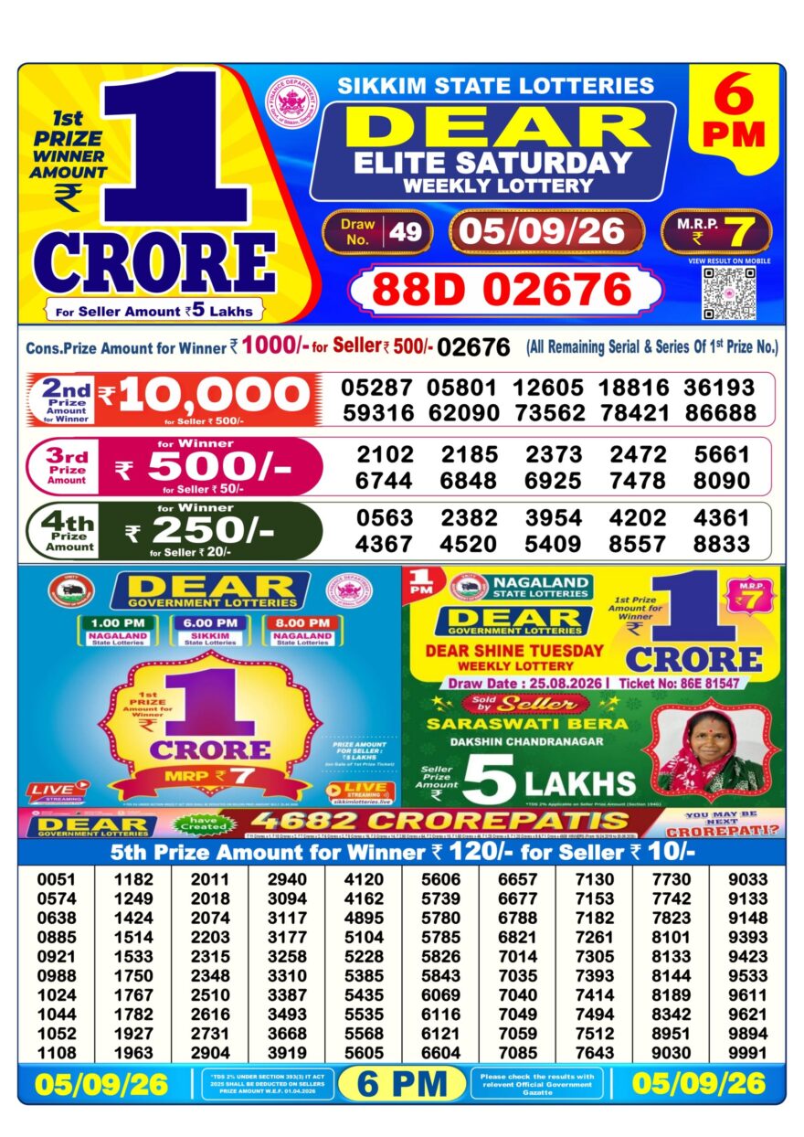 Sikkim State Lottery Result Dear 6PM Evening 05.09.2026