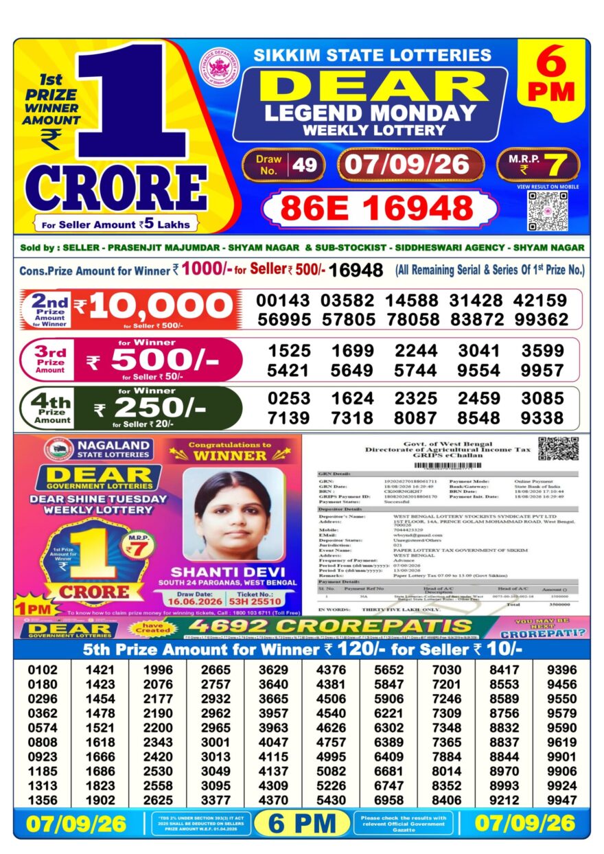 Sikkim State Lottery Result Dear 6PM Evening 07.09.2026