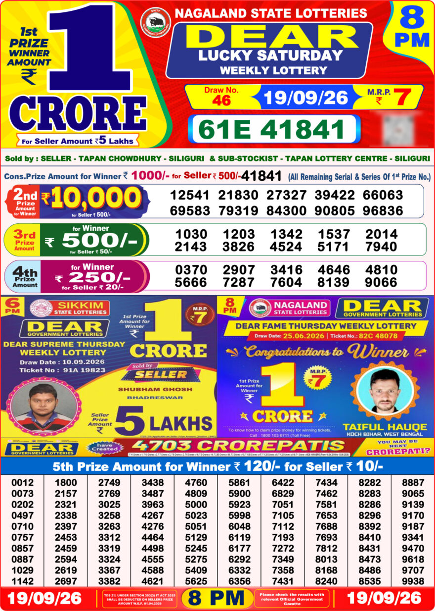 Nagaland State Lottery Sambad Dear Daily 8PM Result 19.09.2026 – Check Winning Numbers
