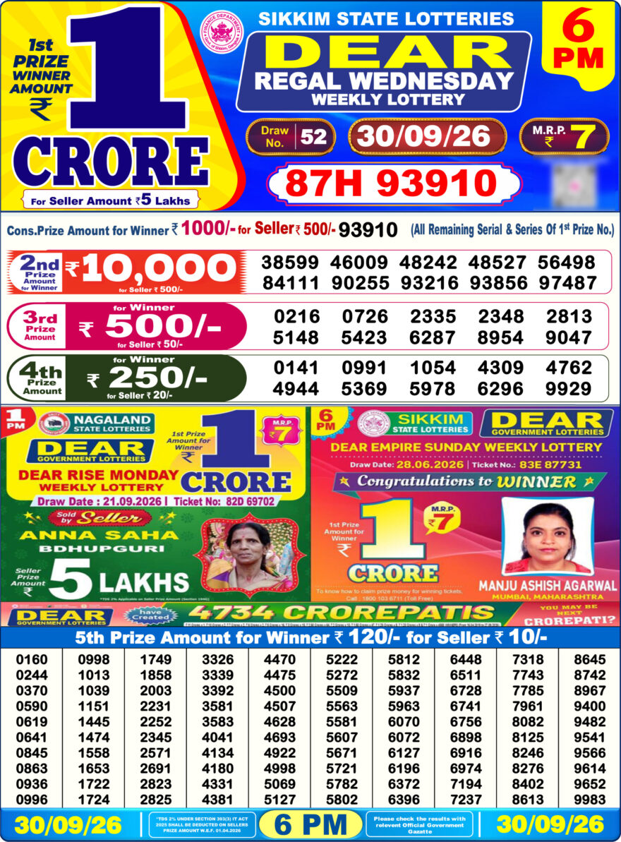 Sikkim State Lottery Result Dear 6PM Evening 30.09.2026