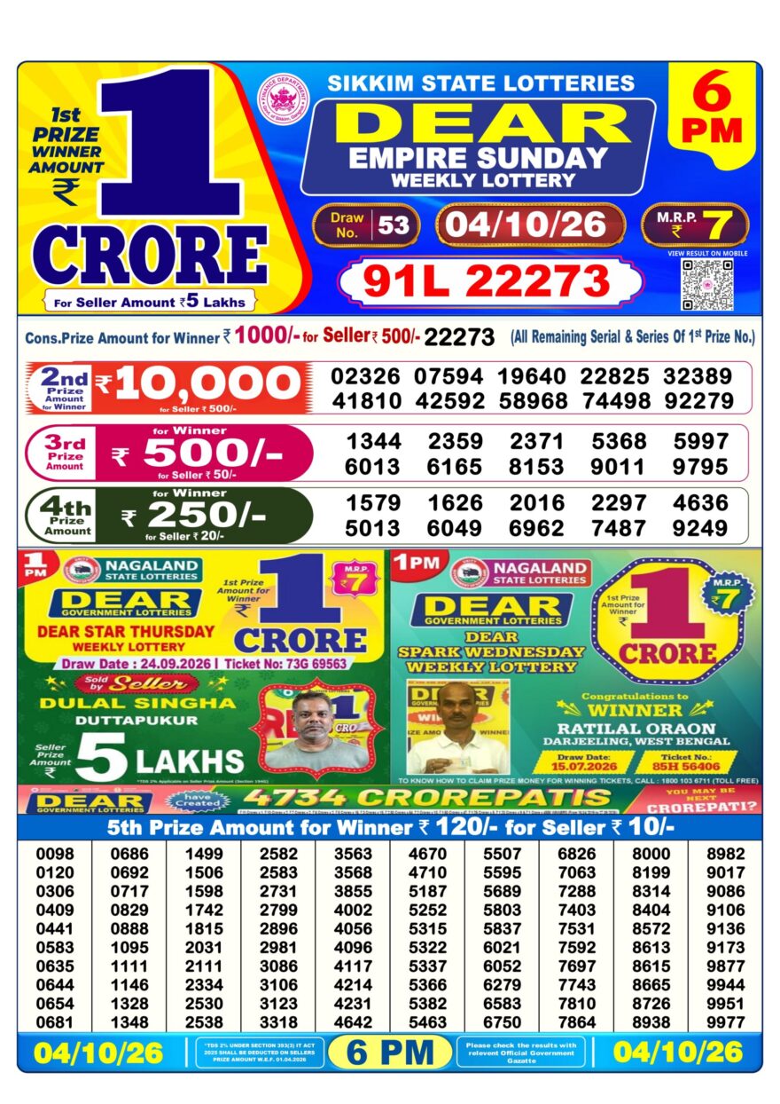 Sikkim State Lottery Result Dear 6PM Evening 04.10.2026