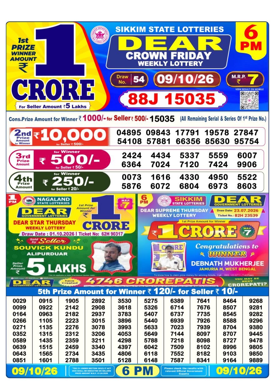Sikkim State Lottery Result Dear 6PM Evening 09.10.2026