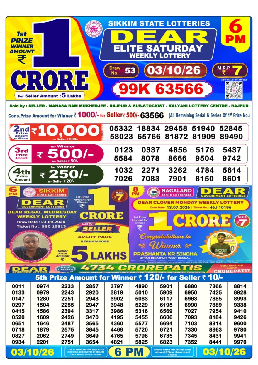 Sikkim State Lottery Result Dear 6PM Evening 03.10.2026