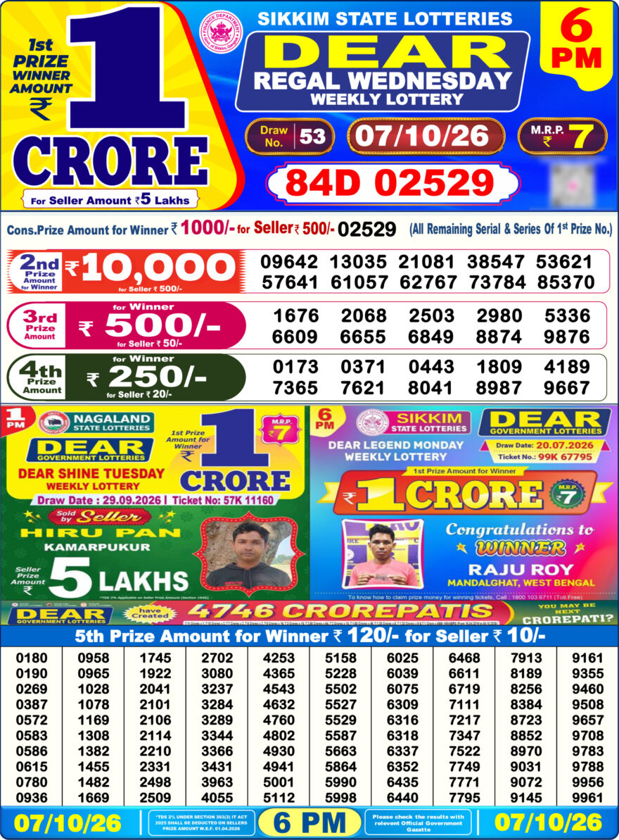 Sikkim State Lottery Result Dear 6PM Evening 07.10.2026